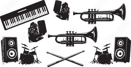 Musical instruments and equipment for a band performance setup