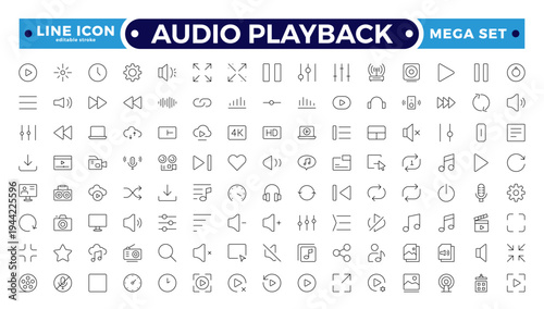 Audio playback outline icon set. Audio and video icon set, multimedia sound and media player symbols, music playback icons, modern flat vector design. Editable stroke outline icon.
