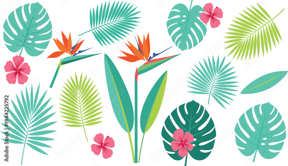 Fototapeta premium Tropical Leaves and Flowers Vector Set with Monstera, Palm, Banana Leaves and Bird of Paradise Floral Botanical Illustration