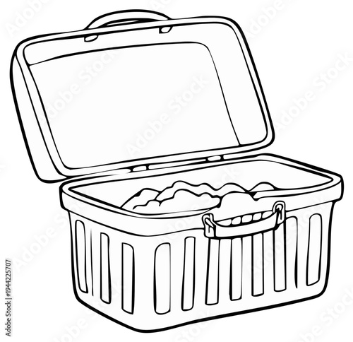 Illustration of a Rectangular Wicker Laundry Basket with Open Lid Full of Clothes