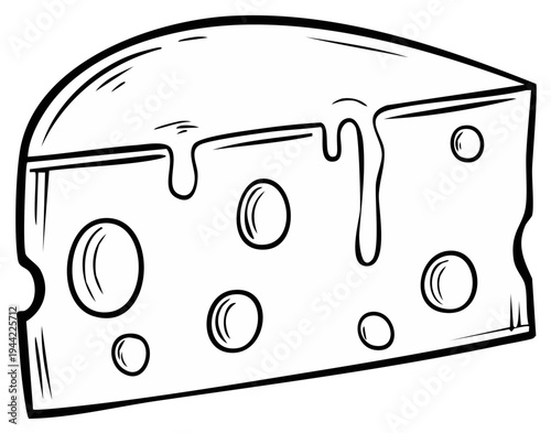 Cartoon Cheese Slice with Holes and Dripping Melted Cheese Illustration for Coloring Books