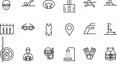 swimming, pool, sport, line, icon, set, swimmer, goggles, lifebuoy, snorkel, diving, flippers, swimsuit, safety, water, activity, outline, vector, collection, recreation