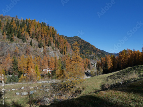 Autumn in the Alps. Chardonney, a hamlet of Champorcher, Aosta Valley, Alps, Italy.