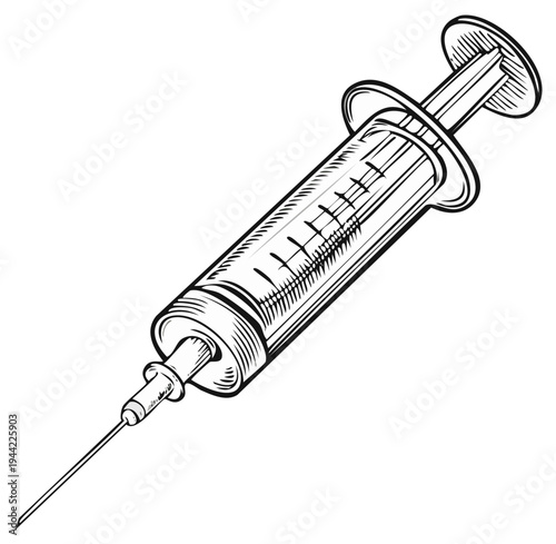 Medical syringe sketch, retro illustration, healthcare and vaccination concept.