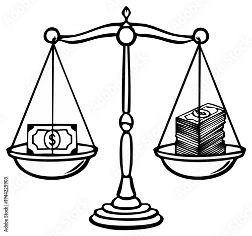 Scales Balancing Single Dollar Bill and Stack of Cash for Financial Equity