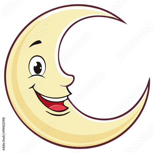 Cartoon Crescent Moon Character Smiling with Happy Face and Expressive Eyes