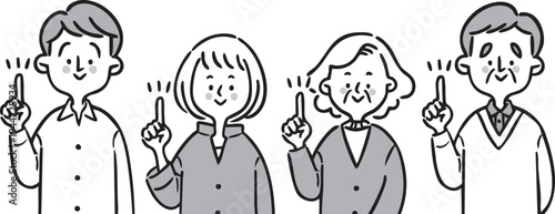 指差しをする家族二世帯　上半身　ベクター（モノクロ）