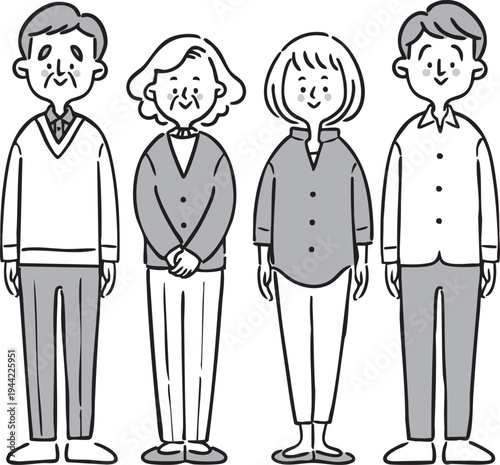 家族二世帯　全身　ベクター（モノクロ）