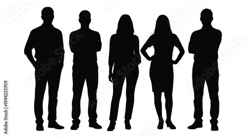 A group of five people standing in a line, depicted in black silhouettes against a white background, conveying a sense of unity and solidarity, with varying postures and poses