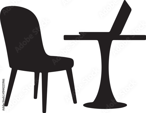 Chair and Table with Laptop Icon – Workspace Office Silhouette Vector