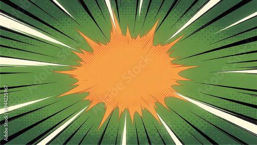 Energetic comic book style burst design with radiant green background and orange center