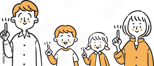 指差しをする家族二世代　上半身　ベクター（オレンジ）