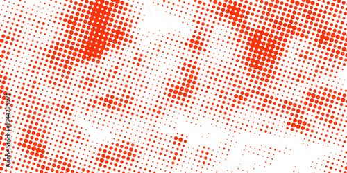 Red halftone dot texture forming abstract pattern on white background in retro comic style.