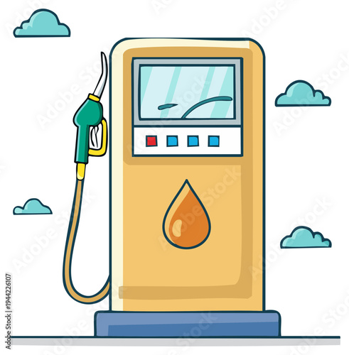 Funny cartoon gasoline pump with fuel nozzle and hose for refueling cars at a service station