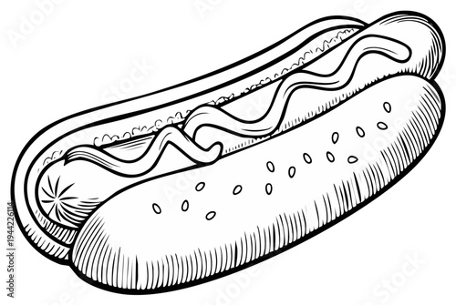 Classic Hot Dog with Mustard Drizzle Sketch Hand-Drawn Style