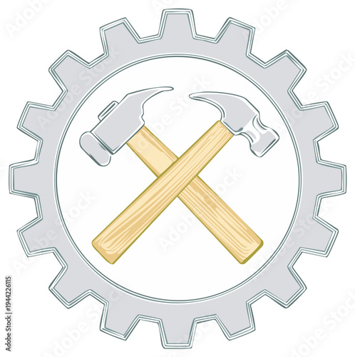 Crossed Claw Hammers Inside a Gear Wheel, Mechanical Construction Industry Symbol, Repair Service Concept
