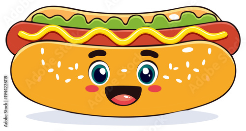 Funny Cartoon Hot Dog Character with Mustard and Relish Smiling Big