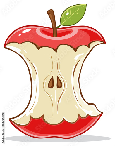 Cartoon Apple Core Still Life Red Fruit with Stem and Leaf Eat Fruit Illustration Drawing Vector
