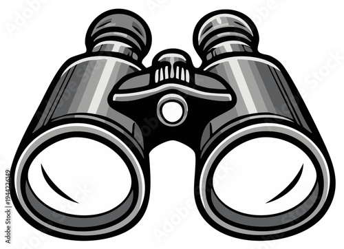 Illustrated grayscale binoculars for observation and navigation equipment vector art.