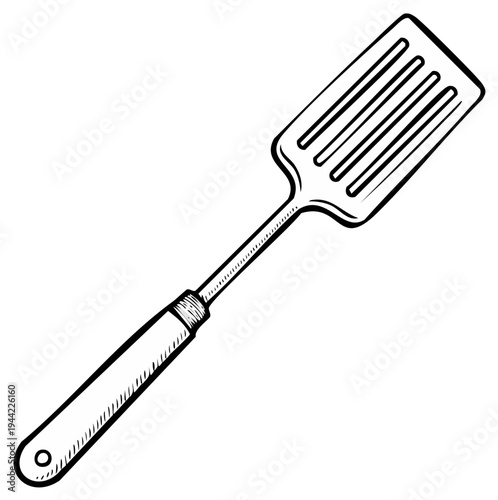 Line drawing of a kitchen spatula for cooking and flipping food.