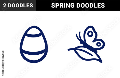 Hand-drawn Easter egg and butterfly on leaf for organic spring branding. Rustic naive marker sketch illustrations featuring nature and holiday concepts.