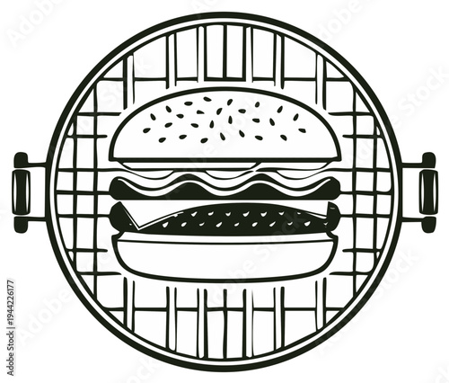 Burger on Grill Vector Illustration BBQ Cookout Summer Party Menu Icon Delicious Grill Cheeseburger Outline