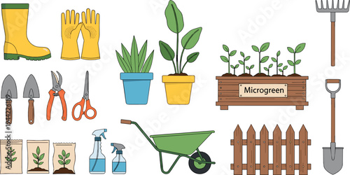 Gardening Tools and Plants Collection with Wheelbarrow, Microgreens, Fence and Outdoor Equipment Vector Illustration Set