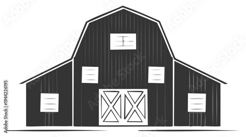 Monochrome illustration of barn building. Simple farmhouse design on white.