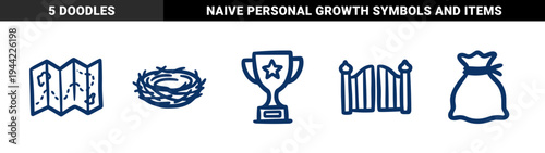 Hand-drawn rustic adventure and achievement elements for storytelling. Naive marker sketch illustrations featuring bird nest, treasure map, trophy, gate, and money bag.