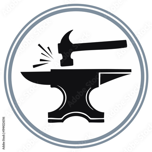 Blacksmithing Icon Hammer Hitting Anvil inside Gray and White Circle Symbol