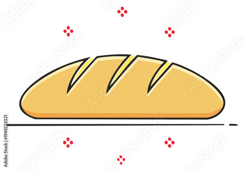 Simple cartoon illustration of a golden-brown baked bread loaf with scoring marks and decorative elements