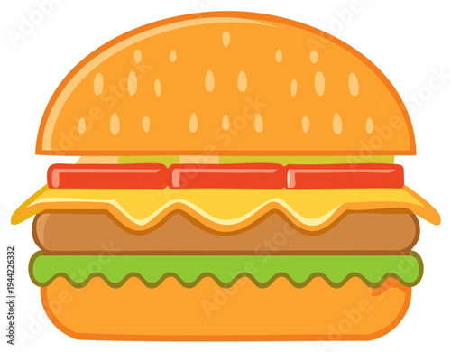 Colorful stylized hamburger illustration featuring cheese patty lettuce and tomato slices on a sesame bun