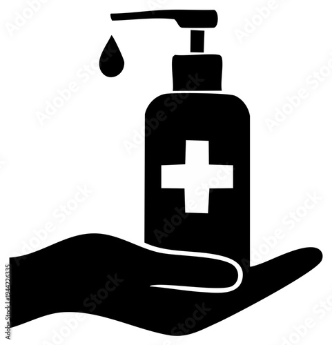 Hand holding a sanitizing bottle with a plus sign, dropping liquid, offering hygiene