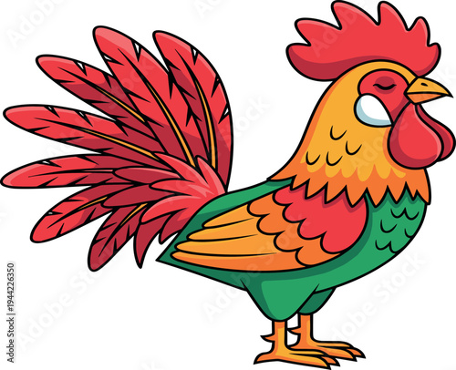 Colorful Rooster Cartoon Vector Illustration with Bright Feathers Farm Chicken Character Isolated for Agriculture, Farm Animals and Kids Design