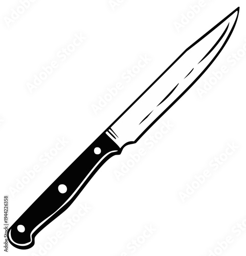 Kitchen knife illustration black and white drawing, cooking utensil, sharp blade