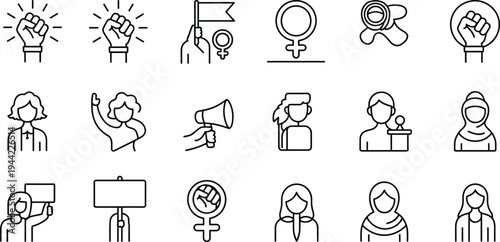 women, empowerment, feminism, equality, rights, protest, female, gender, activism, leadership, support, movement, community, line, icon, set, outline, vector, collection, empowerment