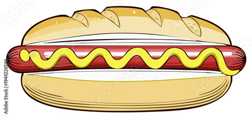 Delicious stylized hot dog with yellow mustard condiment on a white bun
