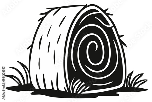 Black and white illustration of a hay bale with detailed grass around it