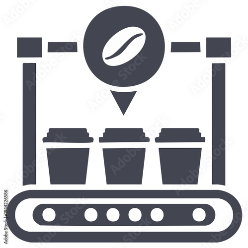 Coffee bean pours into cups on a conveyor belt illustration. Coffee making icon.