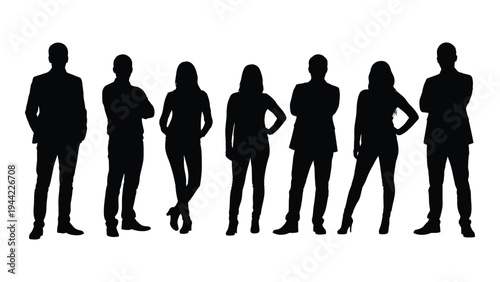 A group of seven people standing in a line, depicted in black silhouettes against a white background, conveying a sense of unity and togetherness, with varying poses and attire