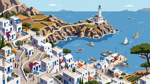 A stylized vector illustration of a vibrant coastal village with white buildings, a lighthouse, and boats on the turquoise sea, capturing the essence of a sunny Mediterranean vacation.