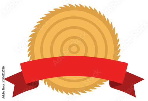 Circular saw blade wood cross section with blank red ribbon banner illustration