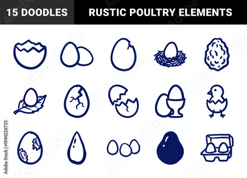 Hand-drawn egg and poultry farming elements for organic food branding. Rustic, naive marker sketch illustrations of nests, chicks, and eggs.