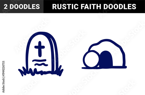 Hand-drawn Christian tomb and resurrection cave icons for religious Easter storytelling. Naive blue marker sketch illustrations of faith and mourning.