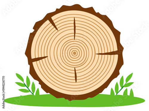 Cartoon illustration of a tree log slice with annual rings on green grass