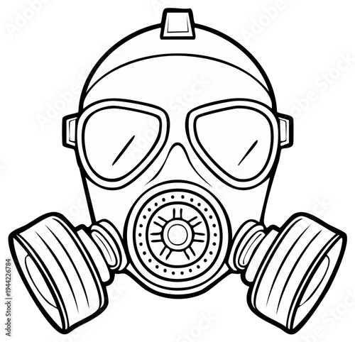Line art illustration of a gas mask with two filters and eye lenses
