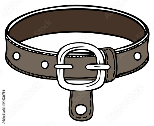 Classic brown leather belt with a silver metal buckle and polished silver rivets isolated on white