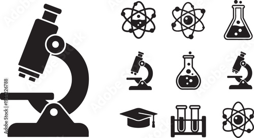 Science Education Icons and Laboratory Equipment Symbols Illustration Set