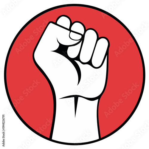 Raised fist symbol of protest and strength against red circle background simple graphic art