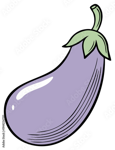 Illustration of a purple eggplant with a green stem and leaves